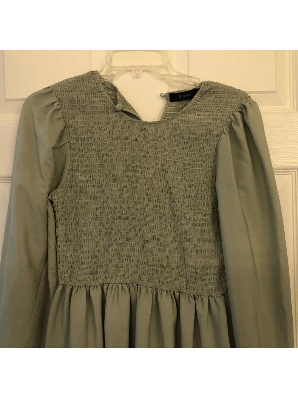 Size S ZESICA Boho Chic Mint/Sage Smocked Tiered Ruffled Mini Dress Baby Doll - Picture 9 of 10